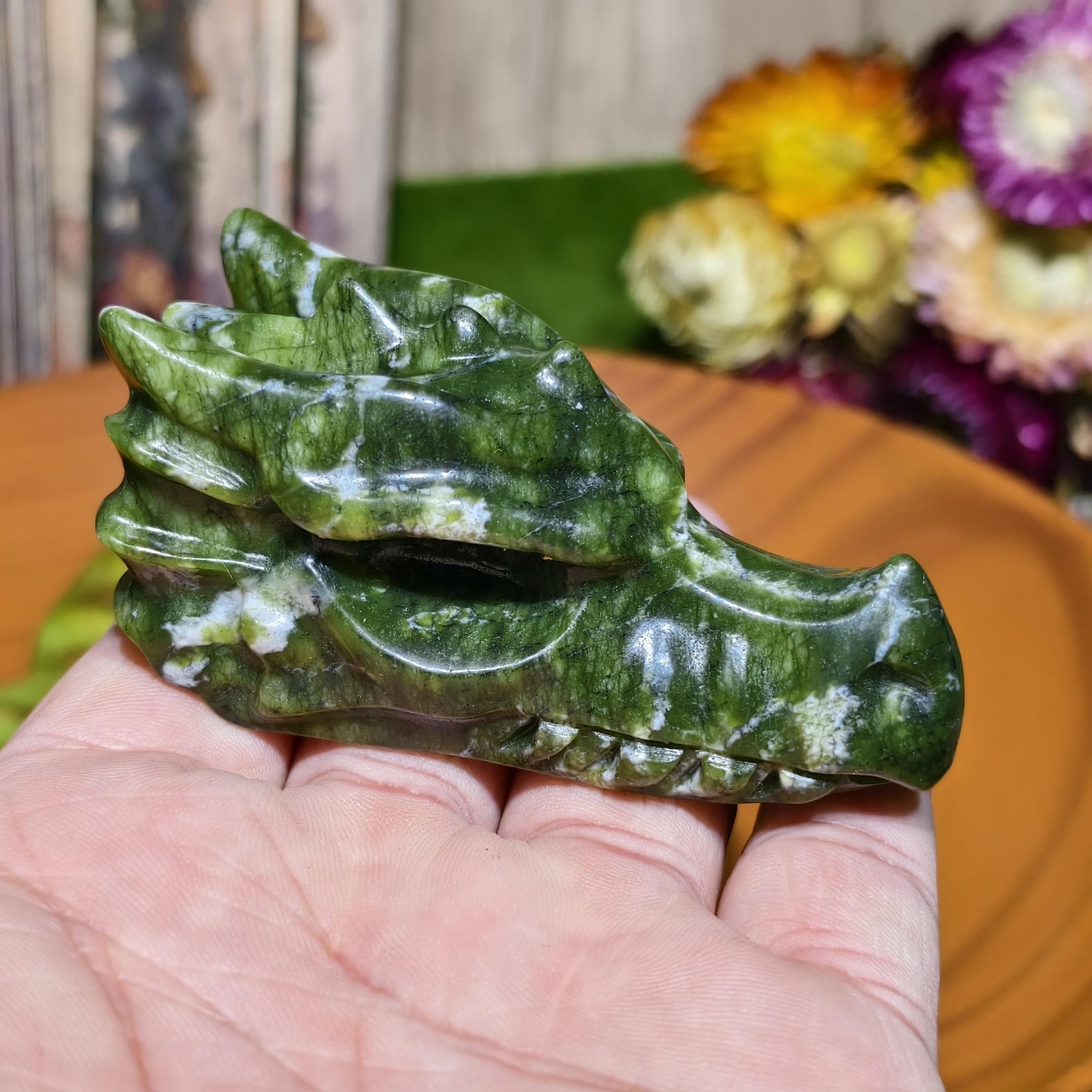 Office Furniture In China - 1pc Handcrafted Green Jade Dragon Skull