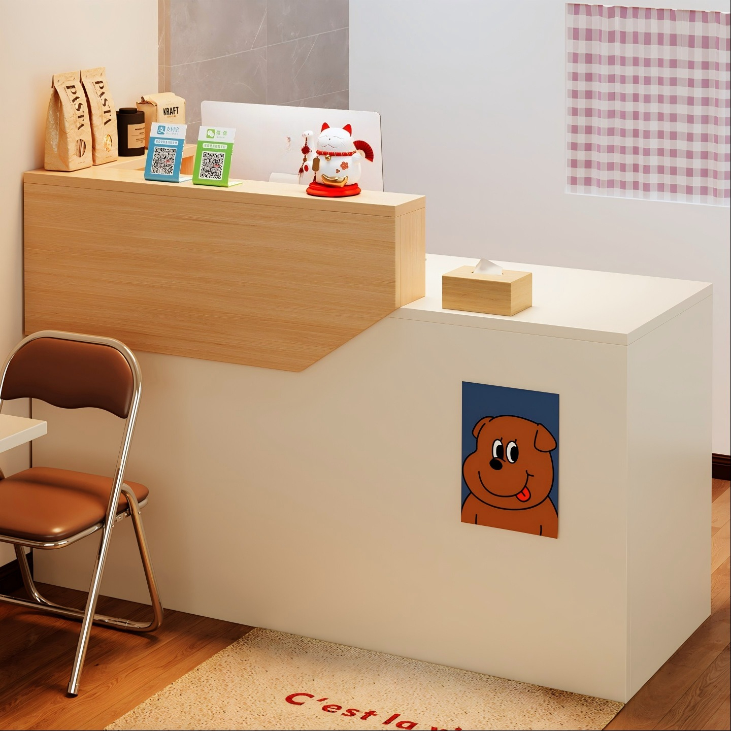 Reception Desk Counter - Small checkout page with corner restaurant
